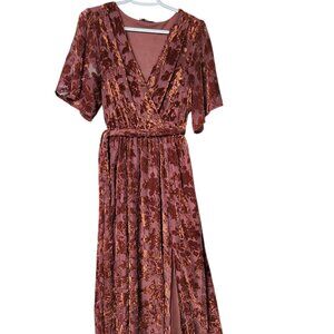 Baltic Born Veronica Velvet Maxi Dress Womens Large Brown Floral Burnout Slit